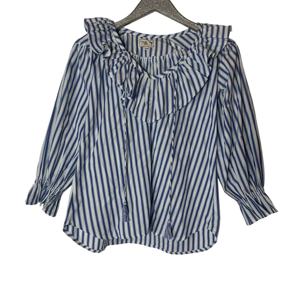 Mille Resort & Travel Cotton Stripe Ruffle Long Sleeve Top